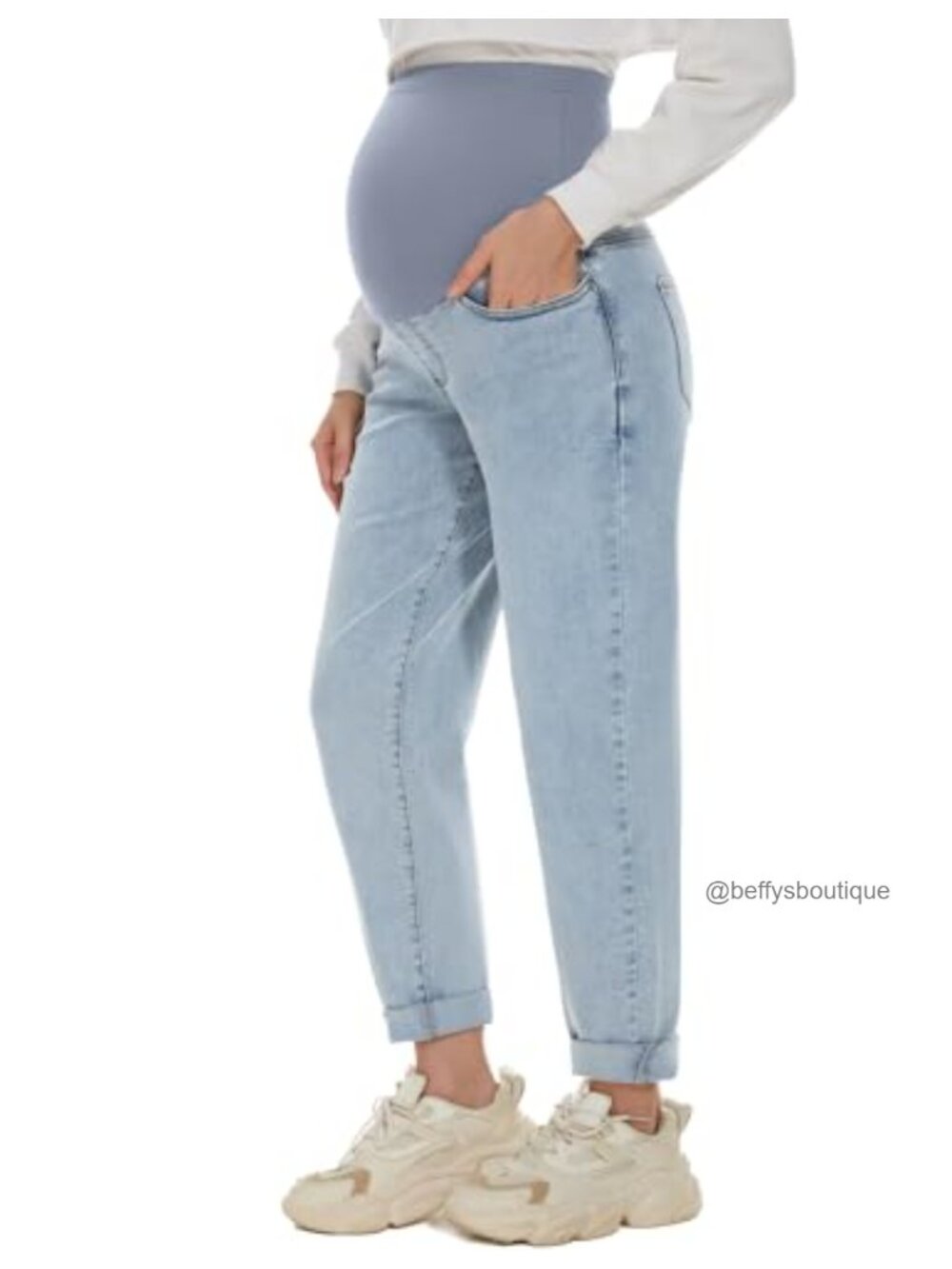 Maternity Boyfriend Jeans Over Belly Stretch Comfy Loose Denim Pants Pockets